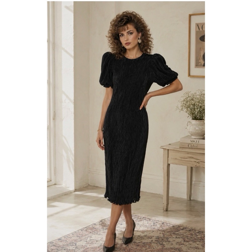 VTG 1980s NUIT Crinkle Plisse Black Midi Dress Puff Sleeve Pleated Women 8 USA